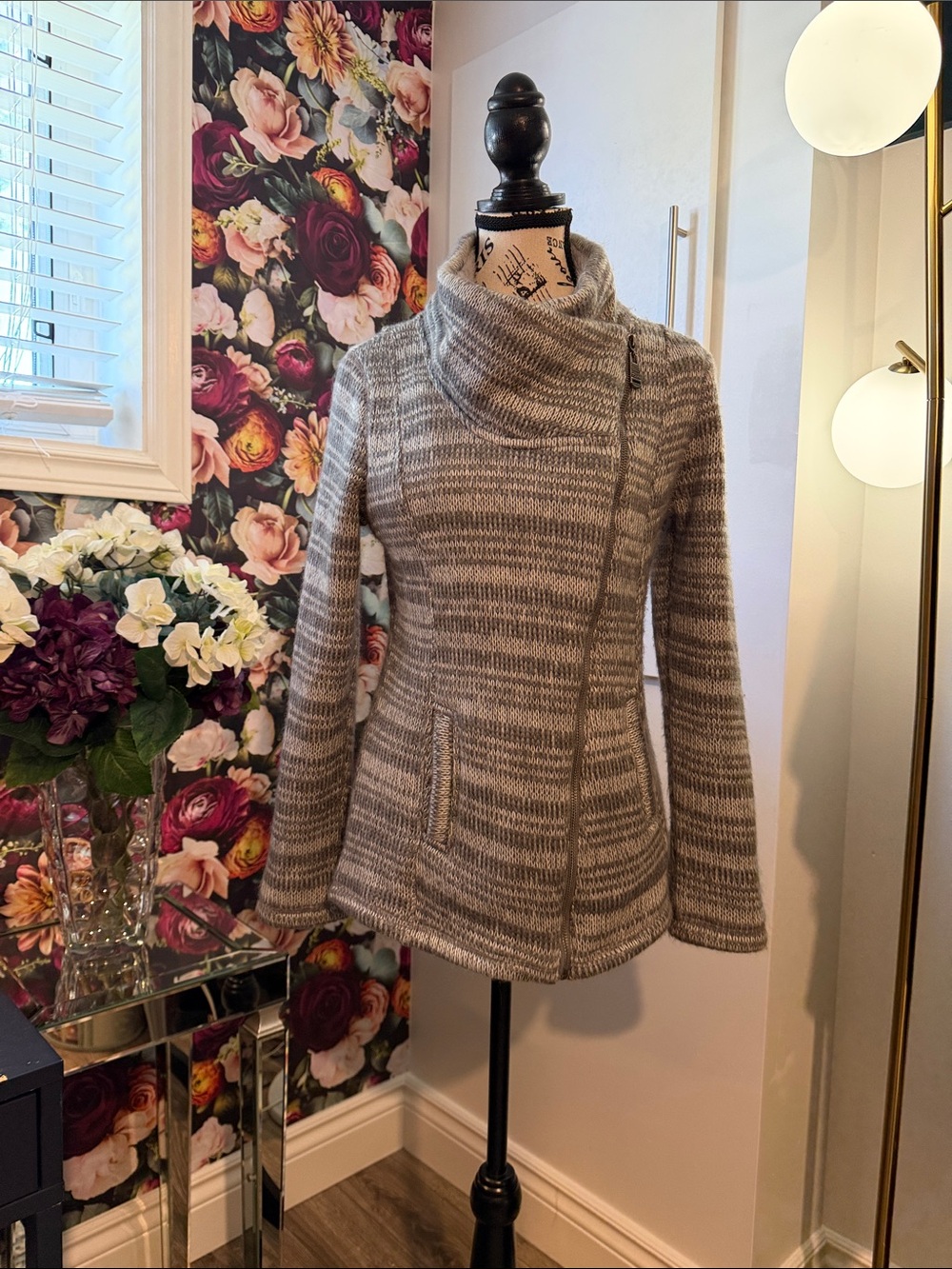 Gray Striped Cowl Neck Sweater Jacket